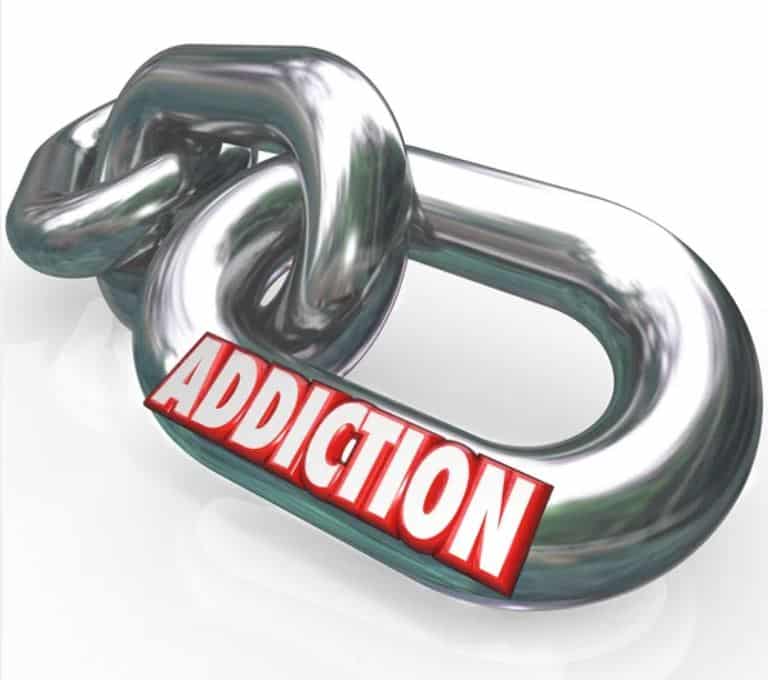 Chain with the word addiction on it.