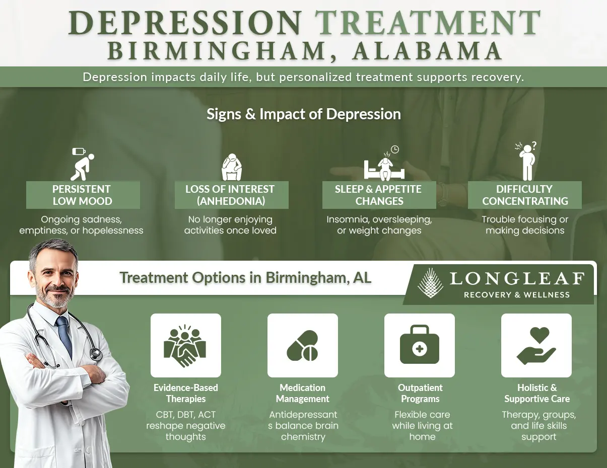 infographic shows signs, impact, and treatment options for depression in Birmingham, AL